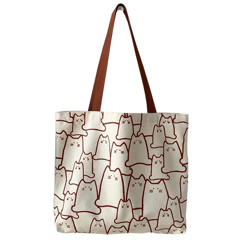Cartoon Line Cat Canvas Bags Women Shopper Handbag Cute Cat Tote Bag With Zipper Designer Bag Japanese Style Shoulder Bag