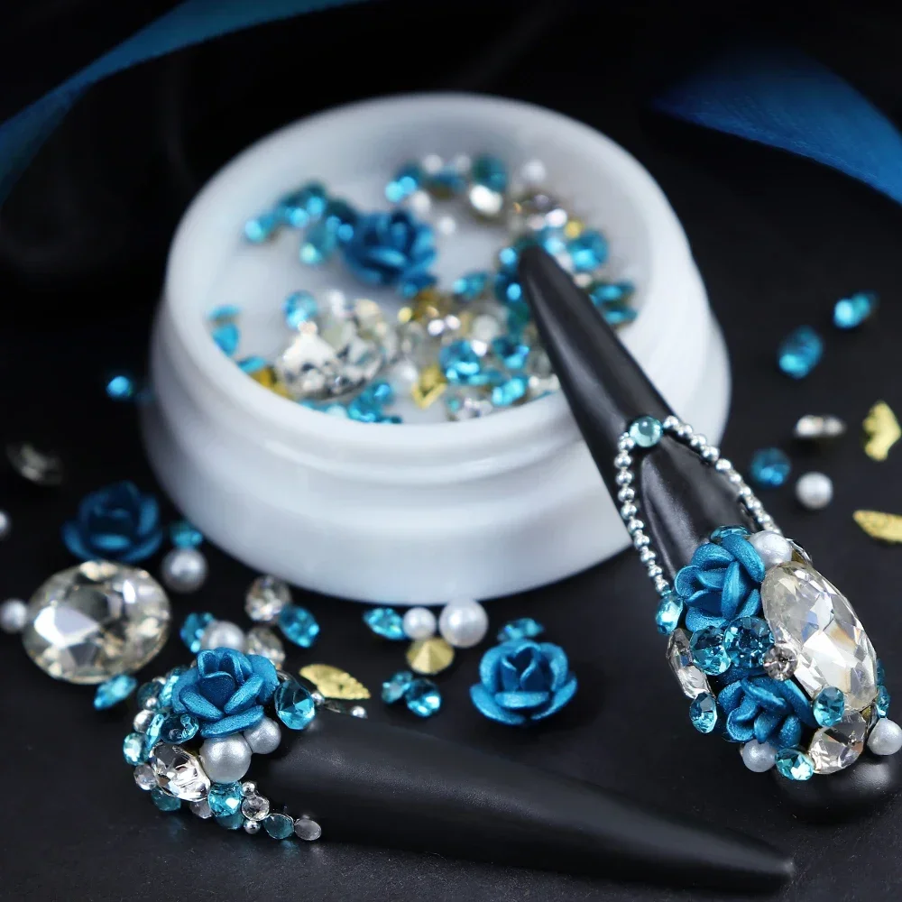 

Подвески для ногтей в виде синей розы, украшение, смешанный цветок, Золотой лист, жемчужный дизайн, детали для маникюра, 3D бриллианты, аксессуары для ногтей своими руками