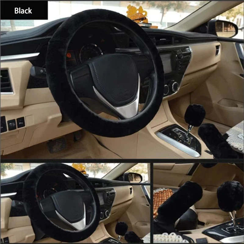 Soft Plush Car Steering Wheel Cover Gearshift Handbrake Cover Protector Decoration Warm Super Thick Plush Collar Soft Black 3Pcs