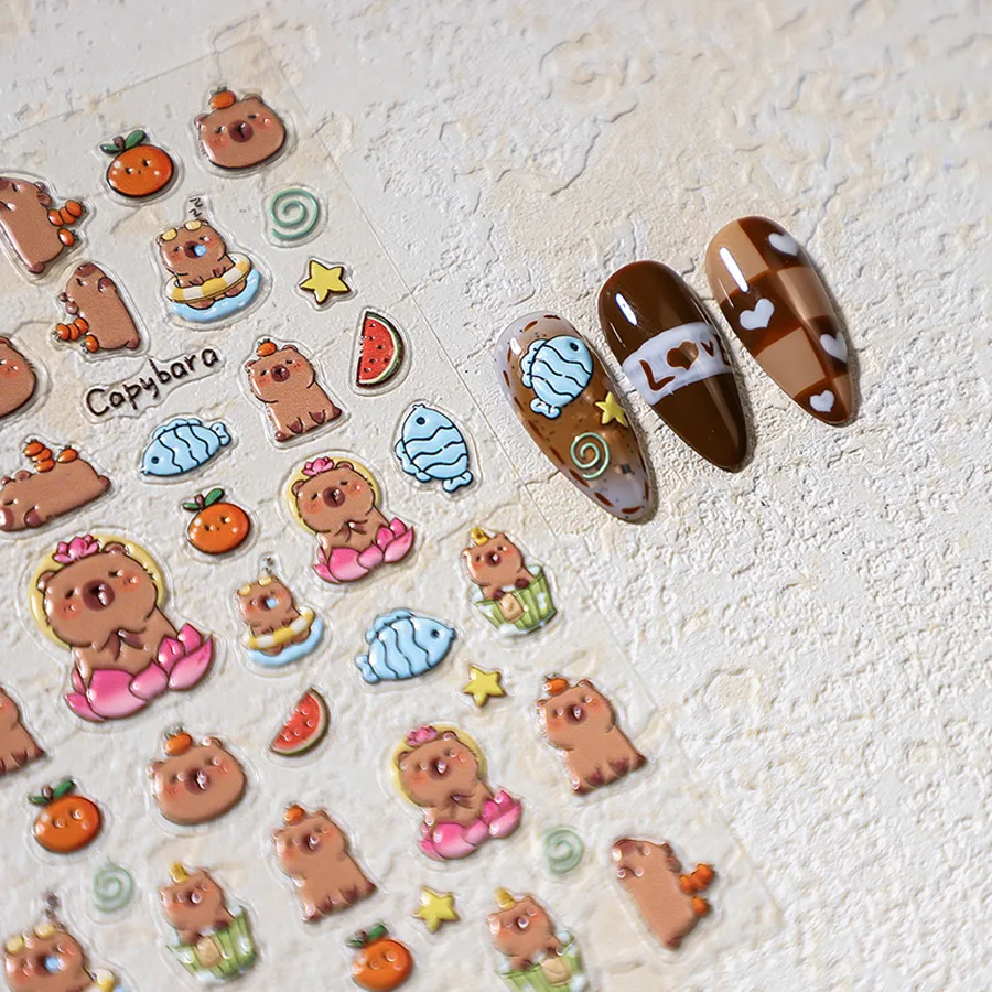 Lovely Cartoon Capybara Fish Watermelo 5D Soft Embossed Reliefs Self Adhesive Nail Art Stickers Cute Hamster 3D Manicure Decals