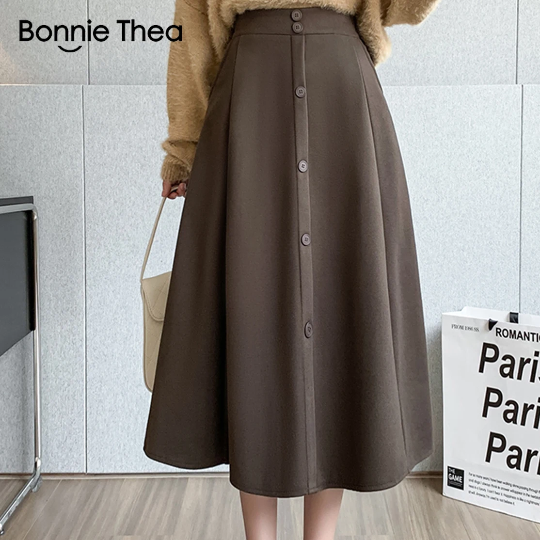 

2023 Autumn and Winter Solid Color Woolen Female Skirt Big Hem A- Line Skirt High Waist Long Casual Fashion Woman thick Skirts
