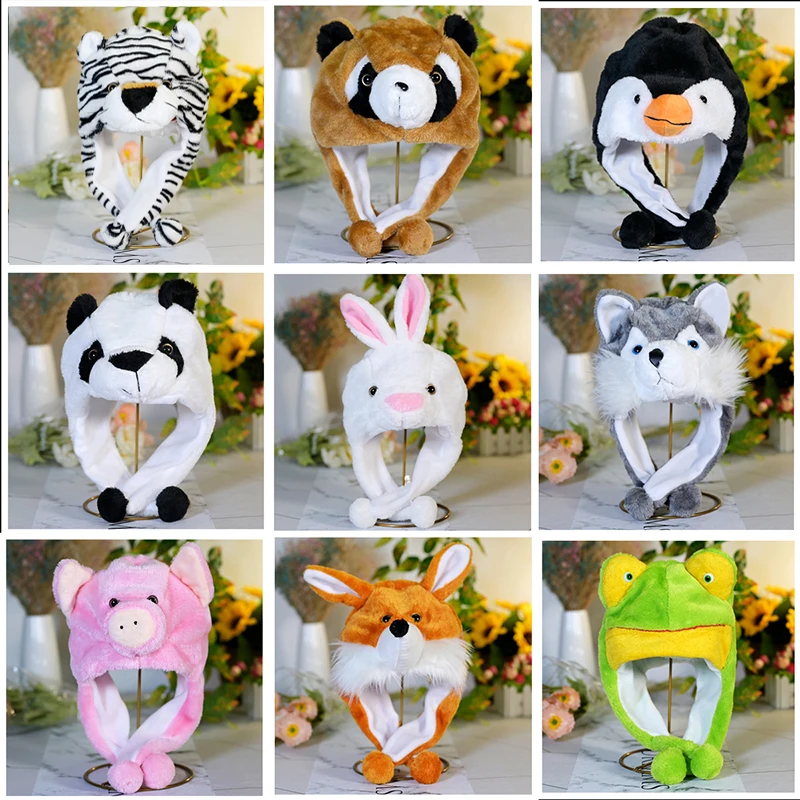 New Plush Animal Hat Cartoon Animal Bunny Bear Funny Panda Penguin Vertically Plush Short Hat Cute Caps for Kids Adult Women Men
