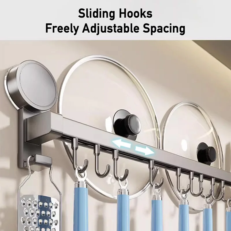 Suction Cup Kitchen Hanging Rack with Sliding Hooks Wall Mount Cooking Tool Utensils Hanger Knife Spoon Movable Hanging Shelf