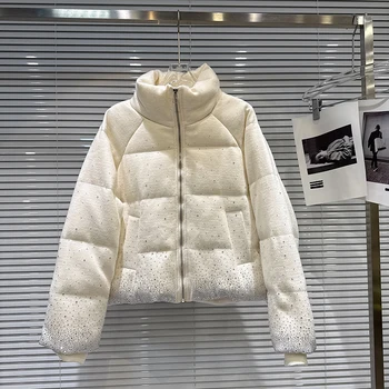 Winter Stand Collar Diamond Cotton Padded Jacket Female Short Zipper Warm Jacket Women Drawstring Loose Casual Thicken Outwears