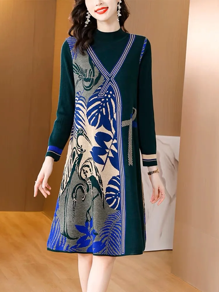 

Autumn Winter Black Patchwork Print Knitted Woolen Sweaters Women Thick Warm Pullovers 2024 Korean Elegant Bodycon Casual Coats