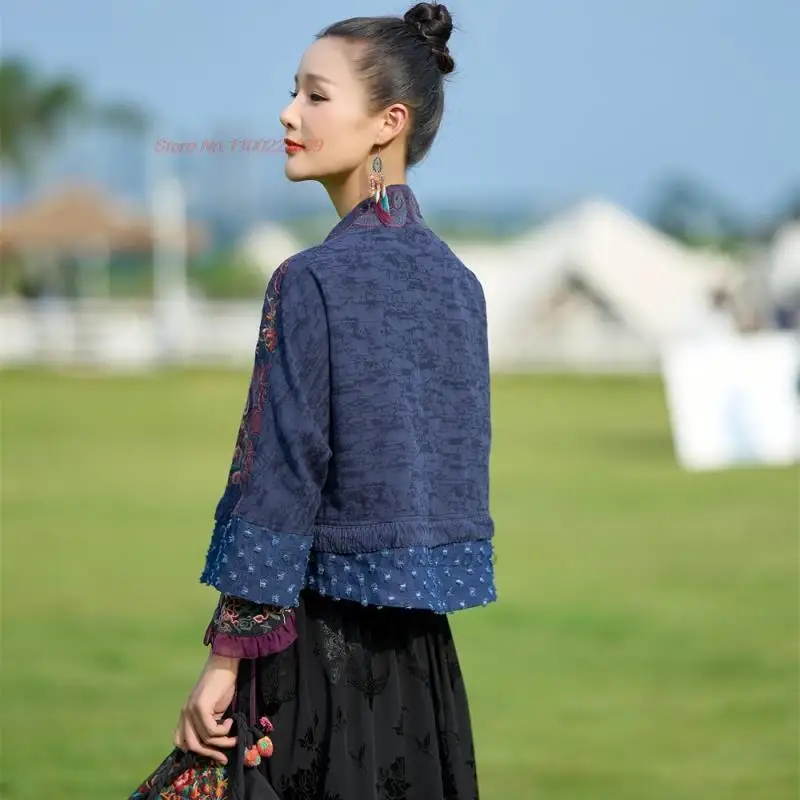 chinese vintage hanfu coat national flower embroidery v-neck ethnic cardigan improved hanfu tops oriental retro tang suit