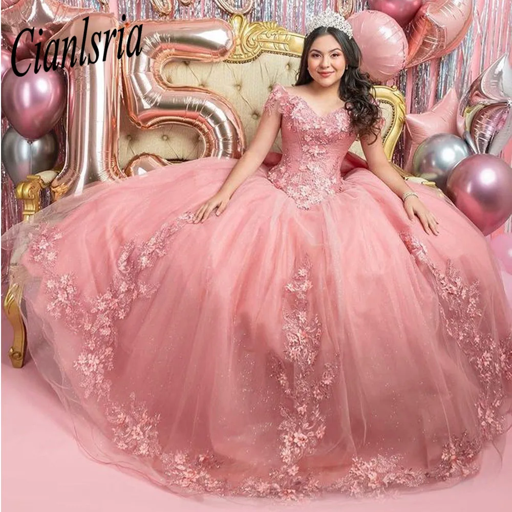 2023 Mexican Pink Quinceanera Dresses With 3d Floral Applique Vestidos