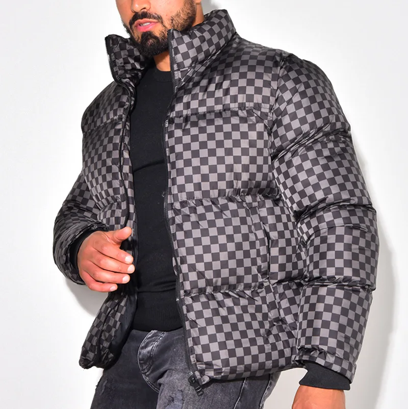 

Men Cotton-padded Jacket Plaid Printed Casual Bread Clothes Warm Autumn And Winter Long Sleeve Lapel Zipper Pocket Fashion Short