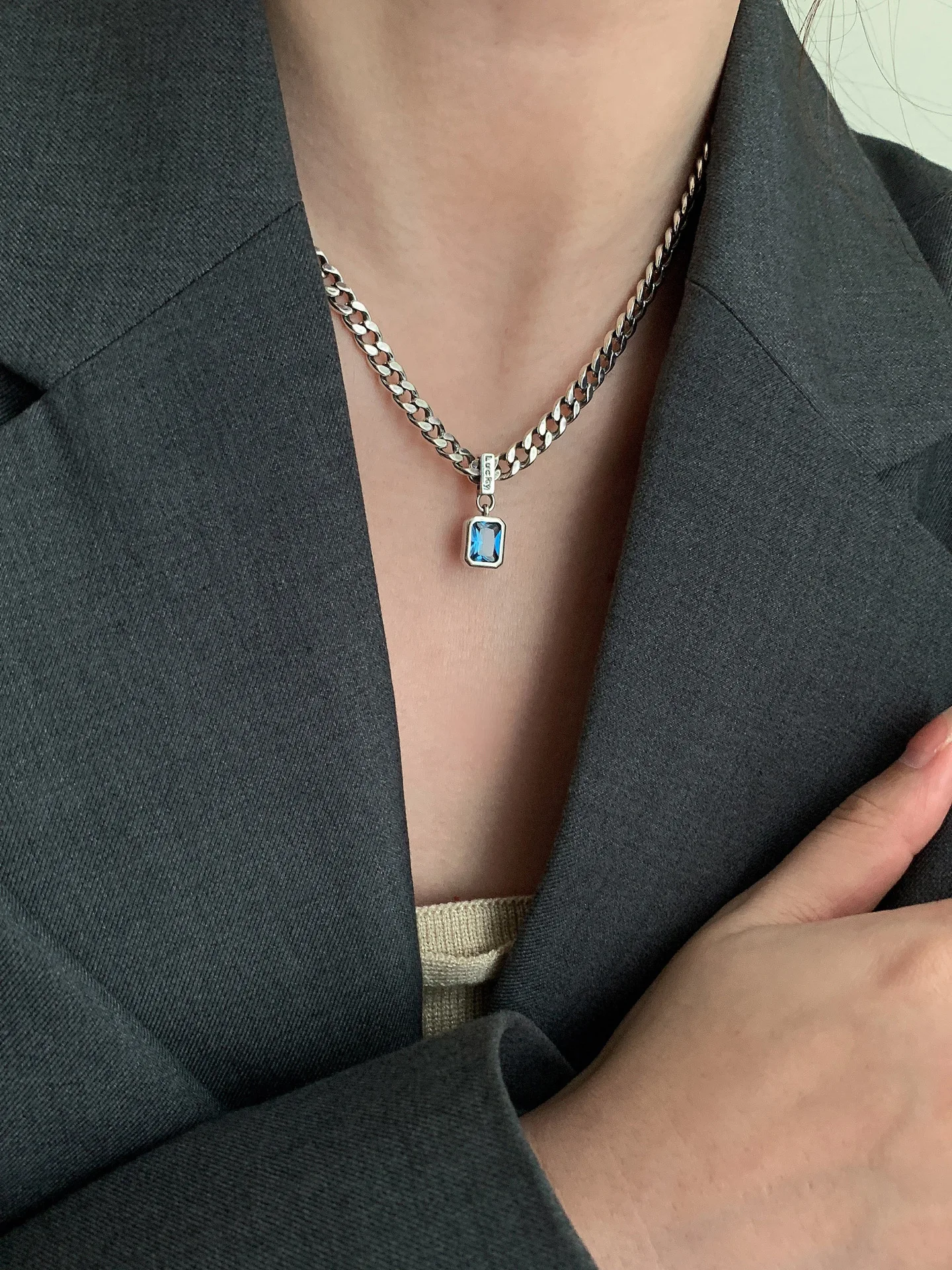 Halsketten mit quadratischem Zirkon aus 925er Silber, Halskette, Kuba, Damen-Halskette, Schmuck, Charms, exquisite Accessoires, Schmuck – Detail 5