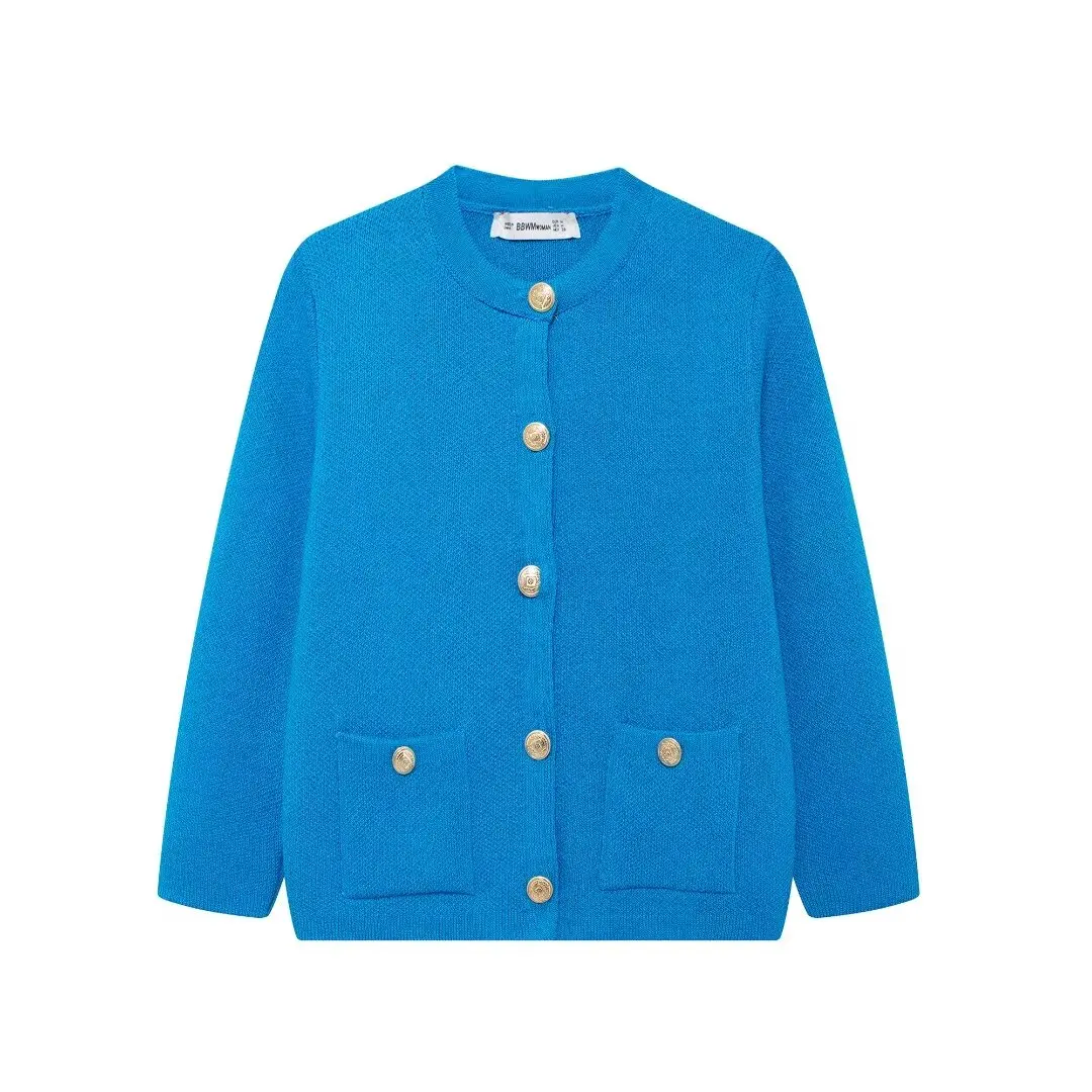 HH TRAF Chaqueta de punto de manga larga con cuello redondo y botonadura simple de moda de otoño para mujer Top elegante con bolsillos decorados para mujer