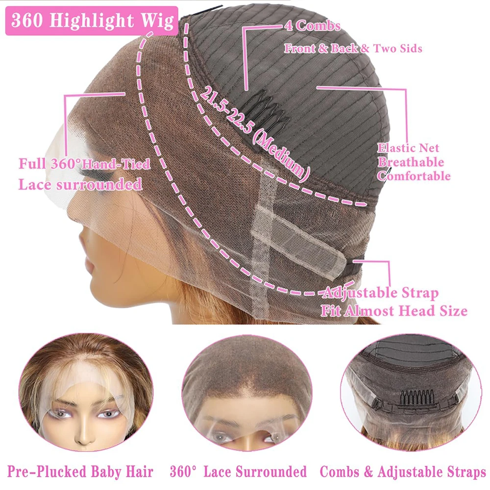 360 Full Lace Wig 250 Density Highlight Human Hair Bone Straight HD Preplucked