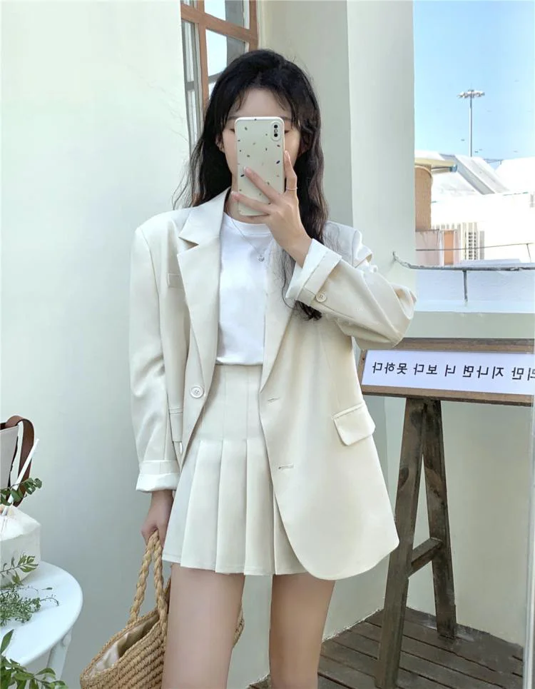 Korean Fashion Solid Two-piece Skirt Set Women Single Breasted Blazer Coat + Pleated Mini Skirt Autumn Office Lady Casual Suits