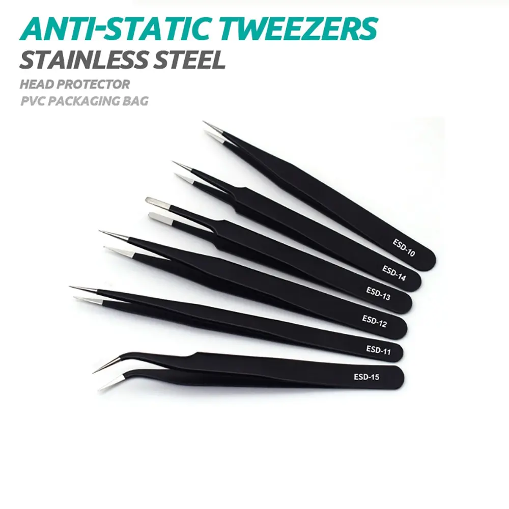 2/6PCS ESD Antistatic Stainless Steel Tweezers Kit Precision Maintenance Repair Kit Antistatic Model Making Tool Manual DIY Tool