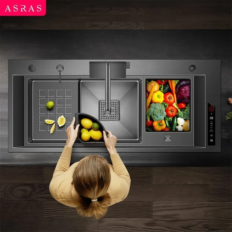 Smart Kitchen Sink - Stainless Steel Black Nano Handmade Double Sink with Vegetable & Fruit Purifier and Catalyst