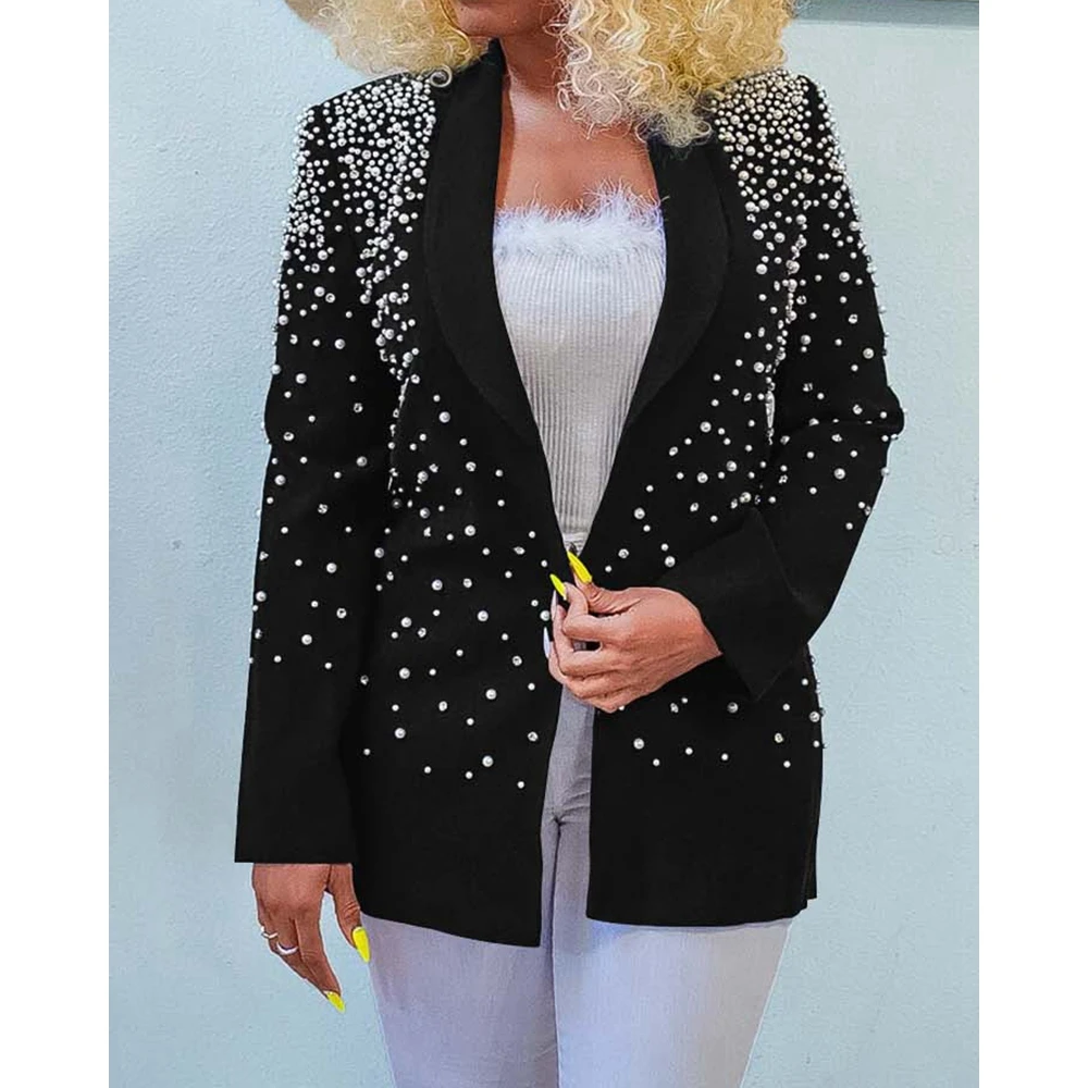 

2023 Autumn Women Beaded Nothched Collar Blazer Coat Fashion Femme Fall Long Sleeve Coat Elegant Office Lady Work Wear Outfits