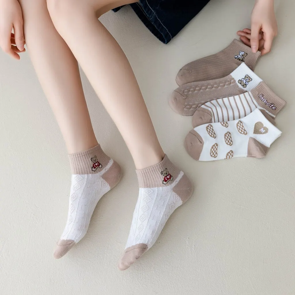Womens Socks 5 Pairs Women Elegant Socks Retro Polyester Cotton Low Tube Girl Breathable Japanese Style Casual Stockings