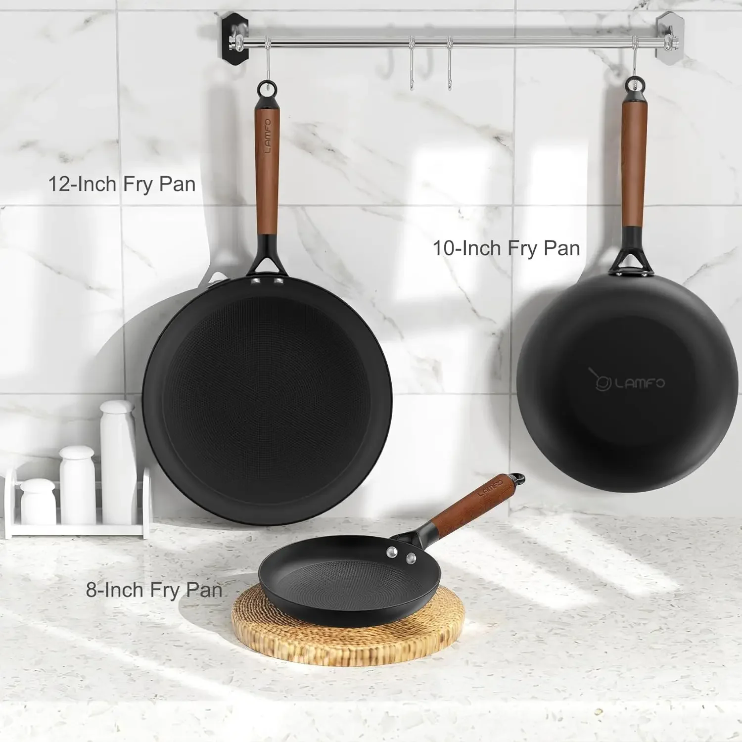 Non Stick Frying Pans, 3 Piece Cast Iron Pans, 8Inch 10Inch 12Inch Cookware Set Cast Iron Skillets, PFAS-Free, Egg Pans Nonstick