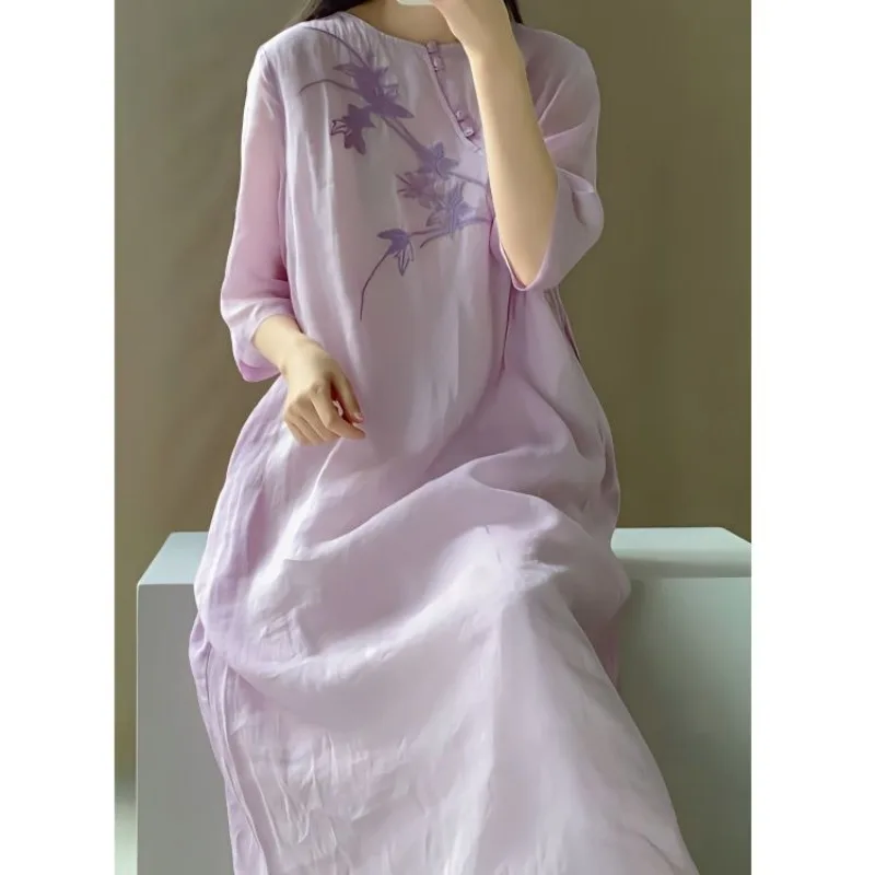 

2023 China Dress Improved Edition Elegant Literature Loose Fit Zen Tea Dress Long Women's Clothing Autumn Spring
