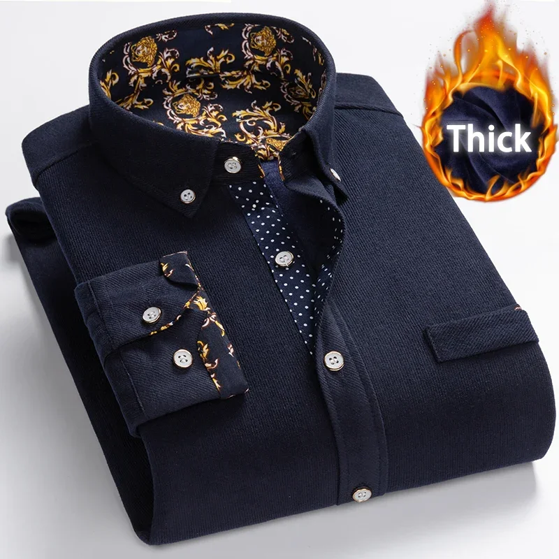 Dress Shirts Men Casual Shirts Winter warm shirt plus velvet thickening fashion print plaid shirt long sleeve men's brand dress M-5XL