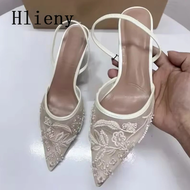 Hlieny Woman Designer Embroidery Flowers Mesh Pointed Toe White High Heels Mules Sandals Women Pumps Shoes Sexy Stilettos Mujer 3