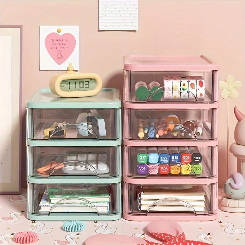 2/3/4 Layers Plastic Desktop Storage Box, Drawer Type Office Transparent Storage Cabinet, Cosmetics Finishing Storage Rack 2