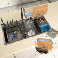 Stainless Steel Waterfall Kitchen Sink Extra Large Single Slot With Chopping Board Rack Multifunctional Dishwashing Basin 1