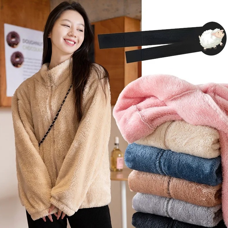 2023 Women Standing Collar Jacket Autumn Winter Fashion Plush Insulation Arctic Velvet Casual Coat Solid Coral Velvet Overcoat