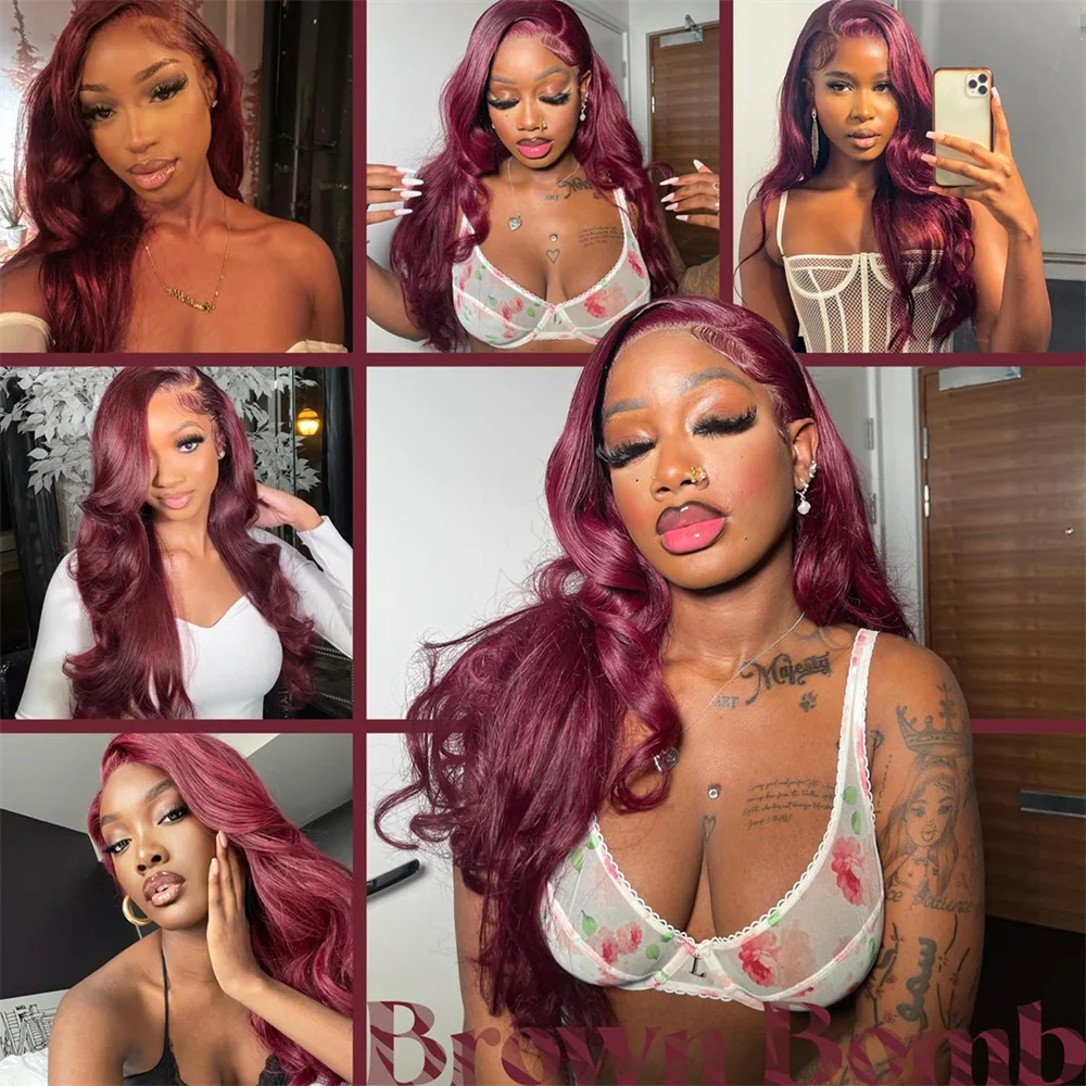 Long Synthetic Body Wavy Wine Red Wig, Burgundy Glueless 13X5X1 Lace Wig For Women, 24 Inches, Daily Party Halloween Cosplay