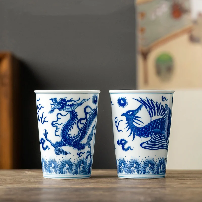 CHANSHOVA 260ml Chinese Retro Style Blue and white dragon and phoenix pattern Ceramic Teacup Porcelain Coffee cup Ceramic cups
