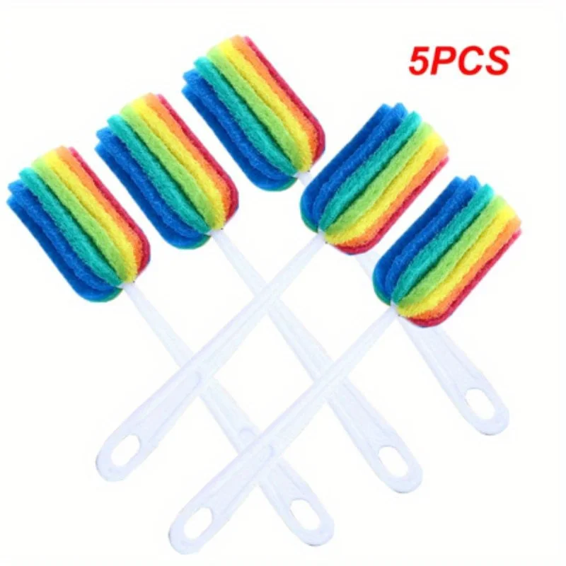 5pcs Rainbow Sponge Brush Set with Handle-Colorful Cleaning Scrubber for Water Bottles,Mugs, and Glass,Sponge For Washing Dishes