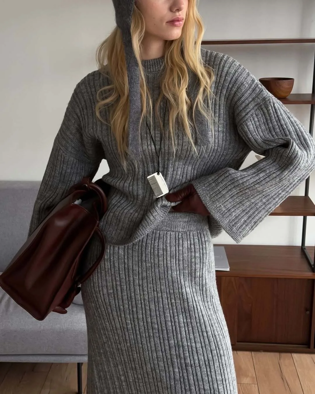 Hirsionsan Sexy Soft Elegant Vintage Women Suits 2 Pieces Female Sets Polo Neck Cardigan Sweater & Midi Dress Knitted TrackSuit Image 5