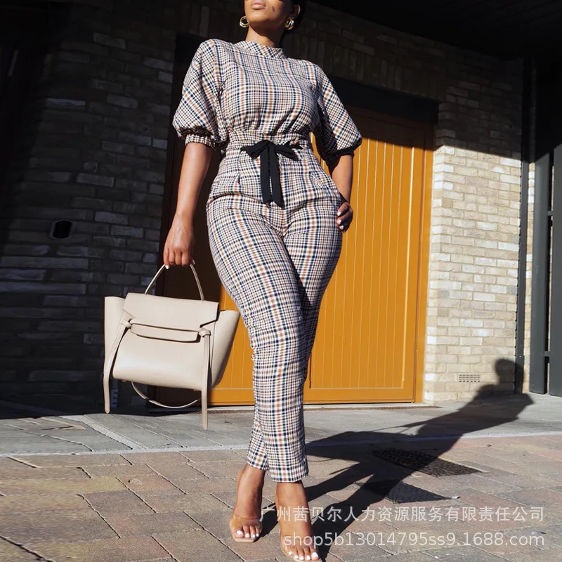 

Plaid Print Lantern Sleeve Tied Detail Jumpsuit Women High Waist Half Sleeve Summer Spring Ankle Length Pants Jumpsuits Overall