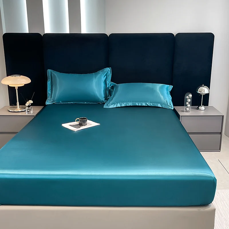 Satin Waterproof Fitted Sheet Artificial Silk Mattress Cover Solid Color Elastic Band Bed Sheet Small And Large Bed Cover 2