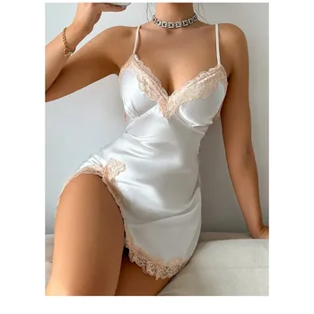 Sexy Backless Mini Female Nightgown Lingerie Summer Chemise Sleepwear Suspender Nightdress White Satin Lace Home Wear Loungewear