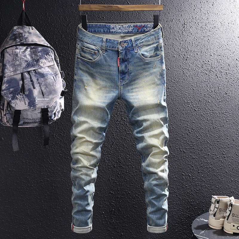 stretch men s jeans washed motorcycle trousers vintage man cowboy pants punk loose straight retro baggy designer casual goth xs Fashion Vintage Men Jeans Retro Blue Elastic Stretch Slim Ripped Jeans Men Trousers Yellow Washed Designer Denim Pants Hombre