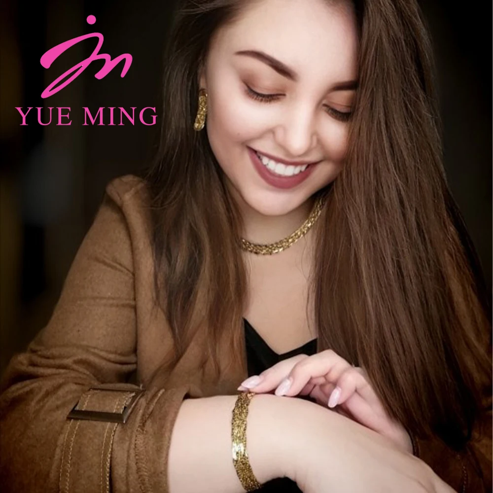 

YM Gold Color Woven Necklace Set for Women Hollow Earrings Bangles Fashion Chain Dubai Africa Luxury Choker Jewelry Accessaries
