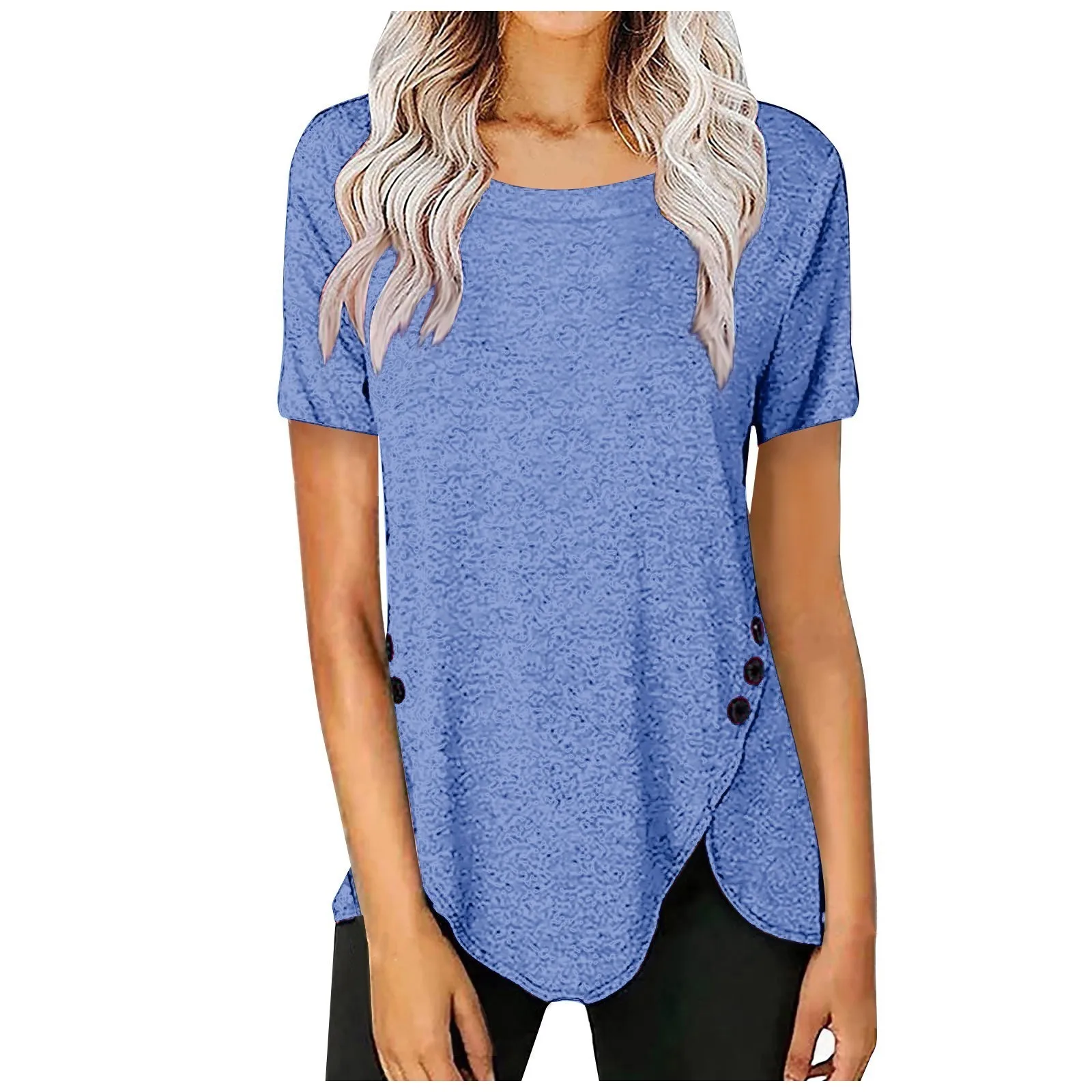 

Fashion Women's Casual Solid Color Short Sleeve Button Loose Top T-shirt Топы больших размеров plus size oberteile 플러스사이즈 상의