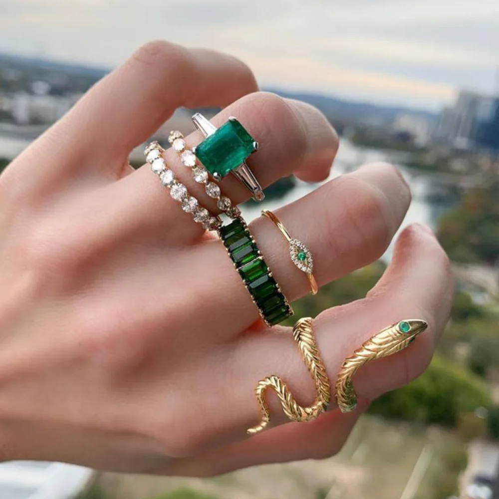 1Sets Green Crystal Rings Set for Women Gold Plated Vintage Aesthetic Geometric Luxury Lady Jewelry Gifts 2023 Fashion New Rings