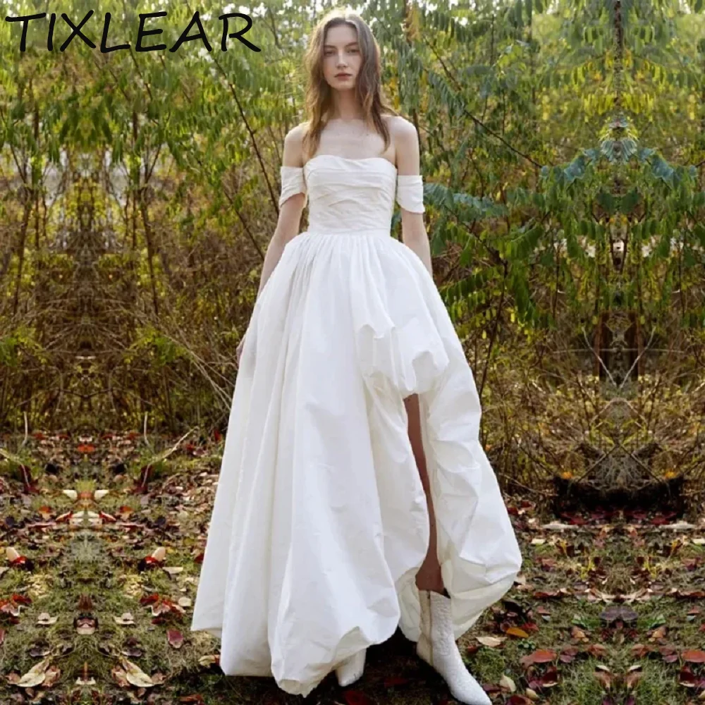 

TIXLEAR A-line Wedding Dresses for Women Simple Modern Off The Shoulder Strap Less Ruched Asymmetrical Hems فستان حفلات الزفاف