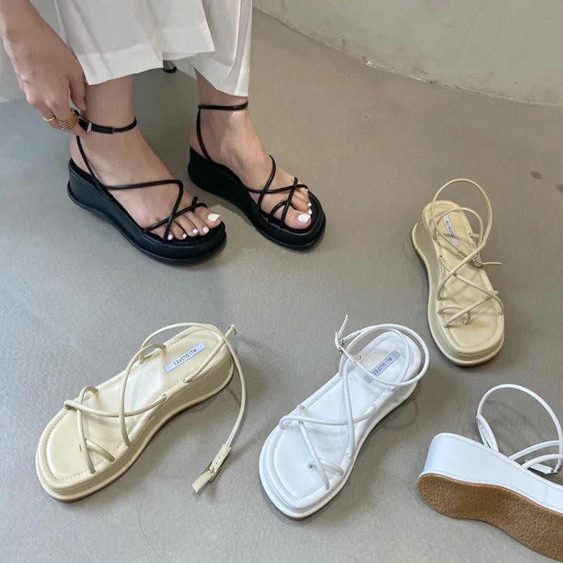 

2023 New Summer Design Open Toe Women Sandals Narrow Band Dress Shoes Platform Wedges Heel Ladies Ankle Strap Gladiator Sandals