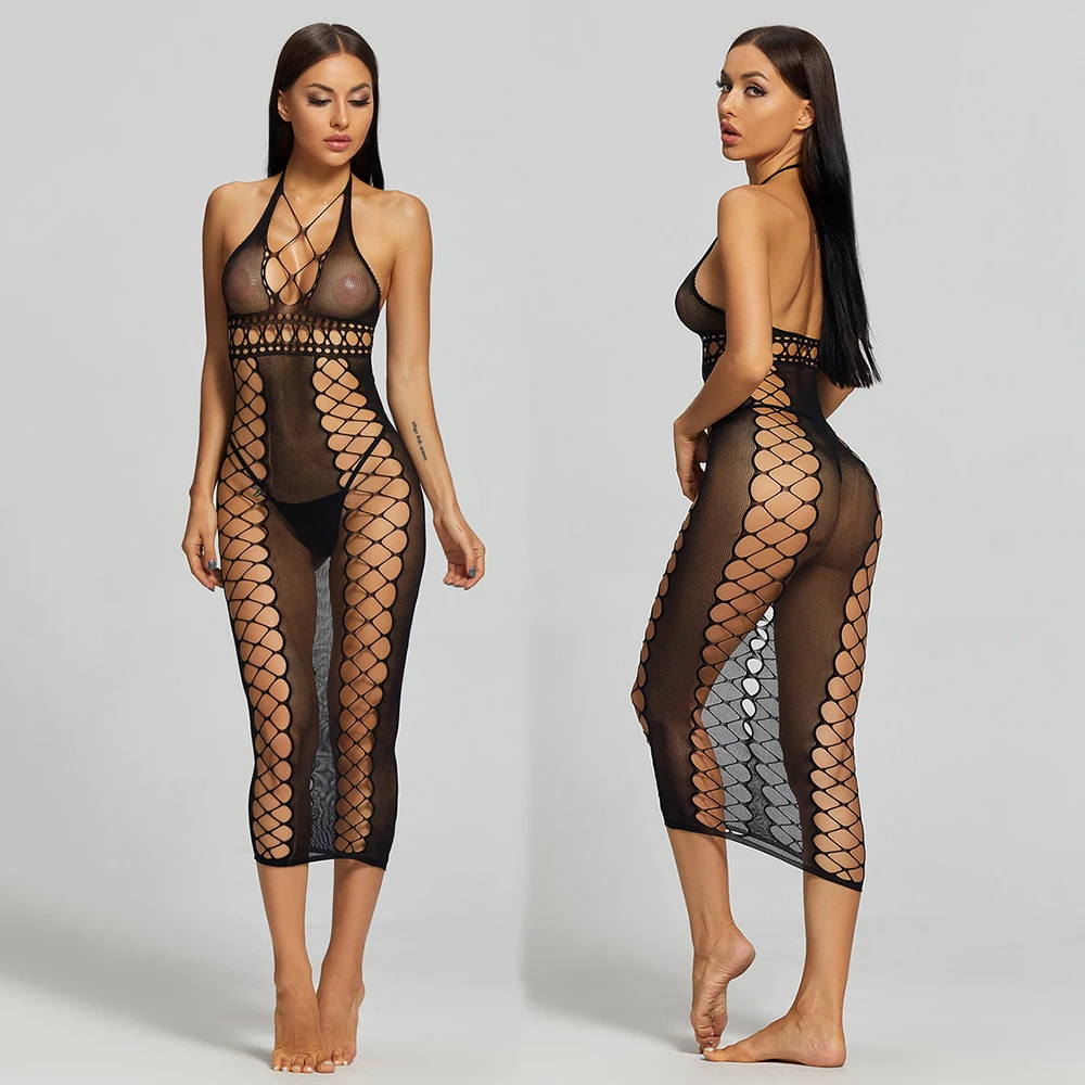 

Perspectives Fishinet One Piece Long Black Dress Erotic Women Hollow Out Lace Underwear Night Dress