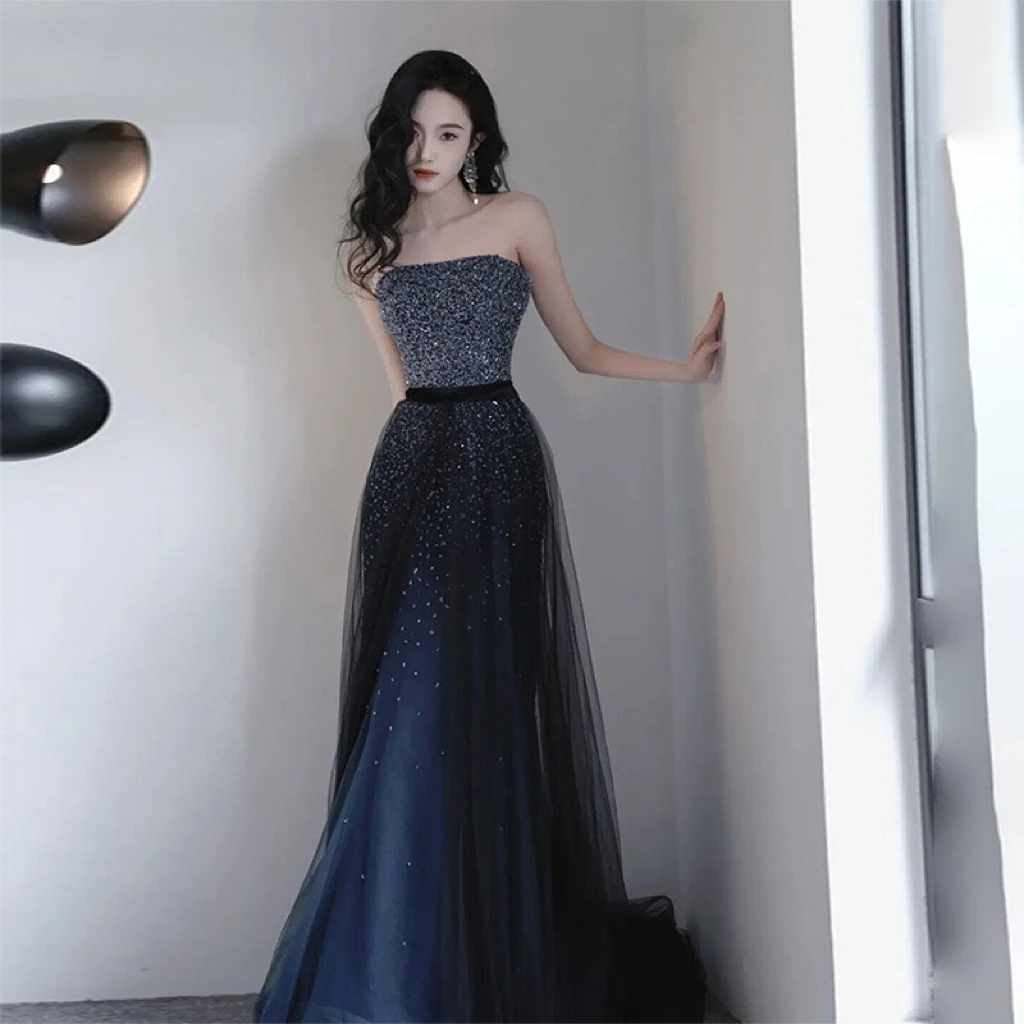 

Navy Blue Celebrity Dresses Strapless Sequins Glitter Sleeveless Woman Floor Length Elegant Formal Occasion Prom Party Gowns