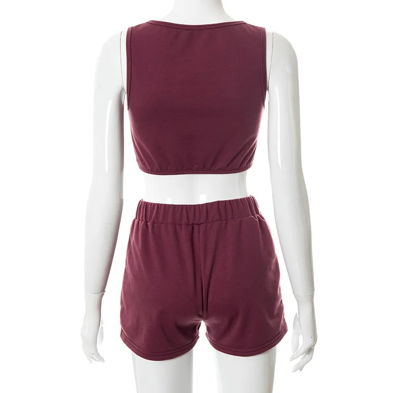 Summer Casual Sport Shorts Set Women U-Neck Sleeveless Vest Solid Color High Waist Slim Shorts Two Piece Set Wine Red Streetwear