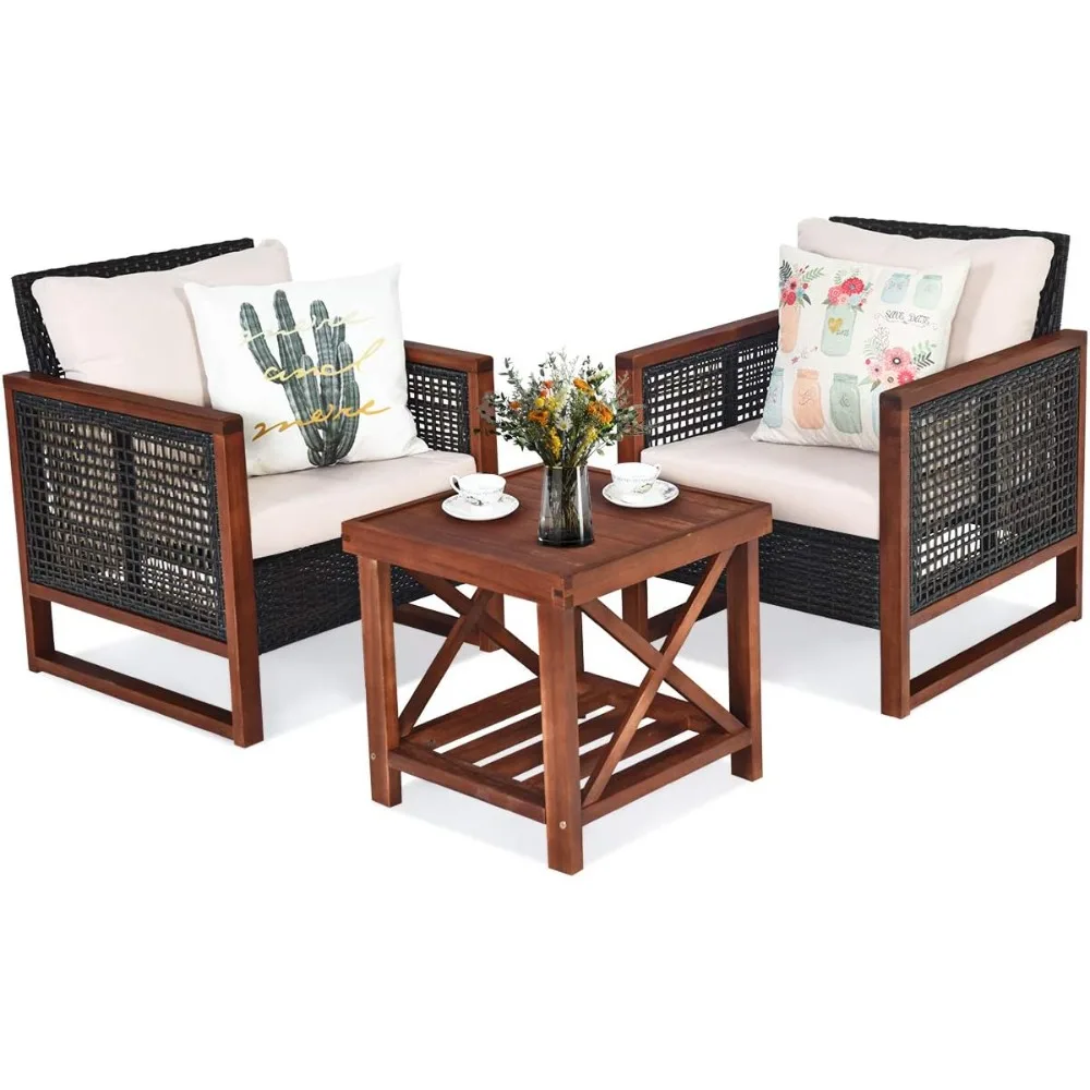 

Tangkula 3-Piece Patio Wicker Furniture Set with Washable Cushions and Acacia Wood Coffee Table, (Beige)