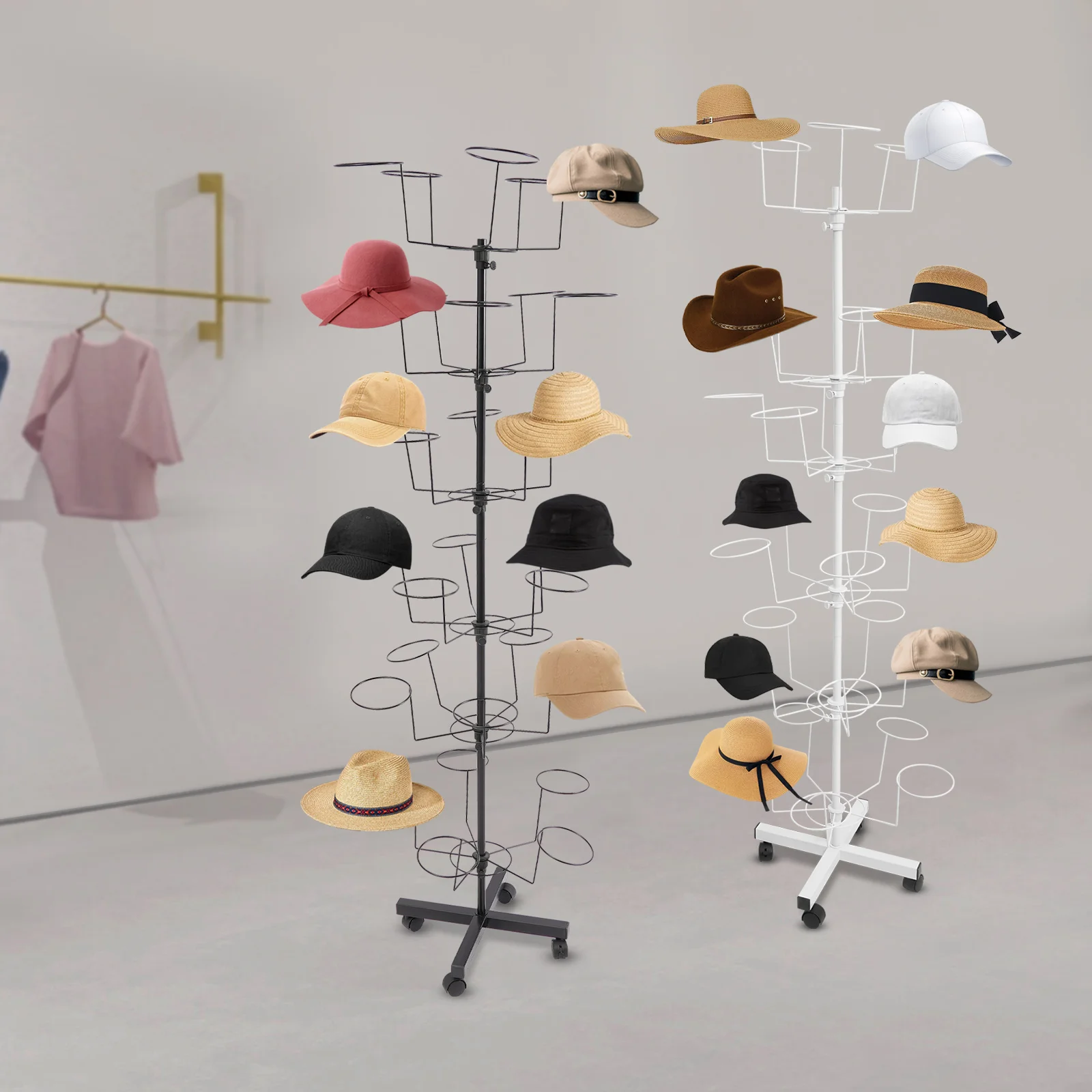 Schwarz/Weißer 6-stufiger Hutständer mit Rollen, drehbarer Hutpräsentationsständer, Cowboy- und Baseballmützenständer, für 30 Hüte, zur Organisation – Detail 3
