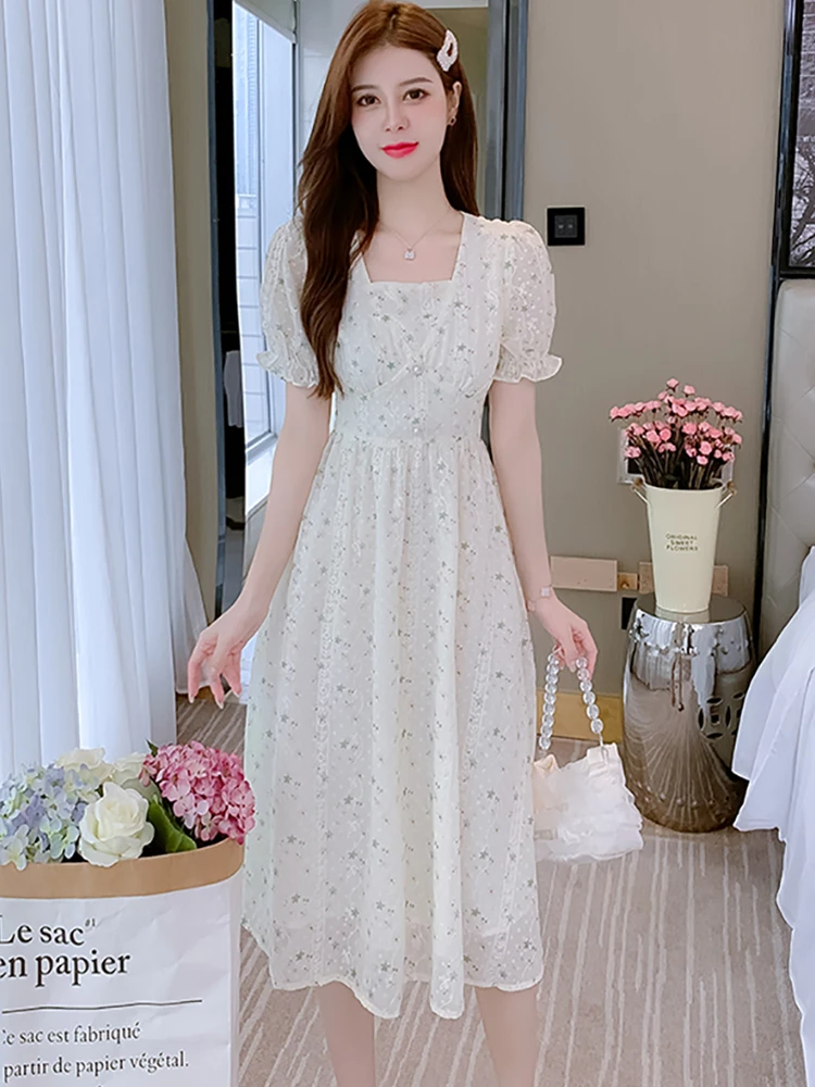 

Модное шифоновое длинное платье с цветочным принтом в пляжном стиле, новинка 2024, женское Элегантное повседневное длинное платье, летние облегающие платья с пышными рукавами