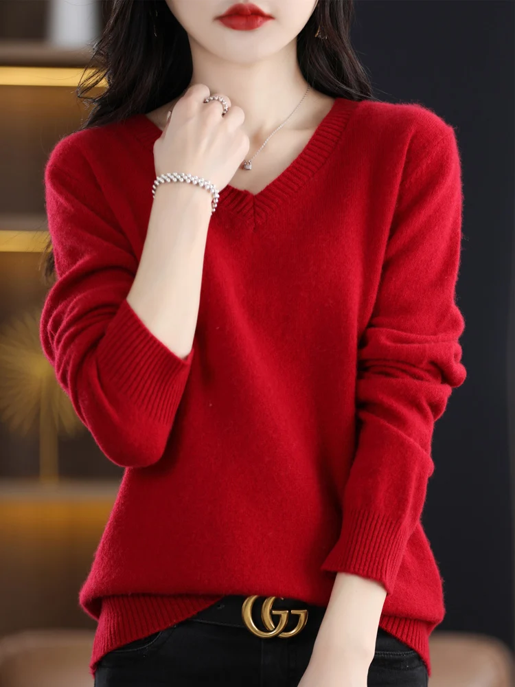 

2024 New Chic 100% Merino Wool Women Sweater Basic V-Neck Long Sleeve Pullover Autumn Winter Female Slim Knitted Clothing Tops