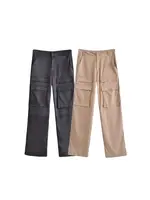 Women Fashion With Pockets Satin Cargo Pants Vintage High Waist Zipper Fly Female Trousers Mujer