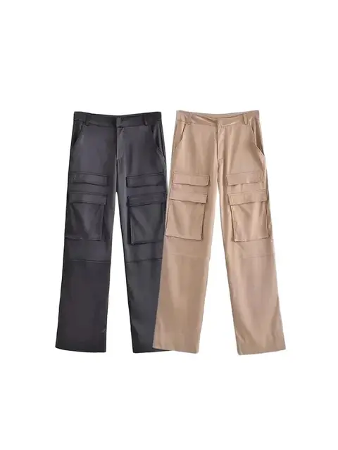 Women Fashion With Pockets Satin Cargo Pants Vintage High Waist Zipper Fly Female Trousers Mujer