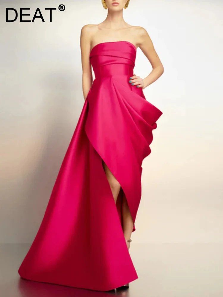 

DEAT Women Fashion Evening Dress Strapless High Waist Backless Draped Fold Trailing Satin Party Dresses Spring 2024 New 13DB4723